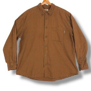 Woolrich Mens Button Down Shirt XL Brown Orange Plaid Windowpane Cotton Outdoor